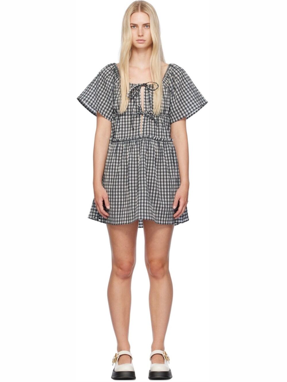 Ganni SIZE 40 Seersucker Check Layered Scandi Mini Egret Babydoll Dress NWT